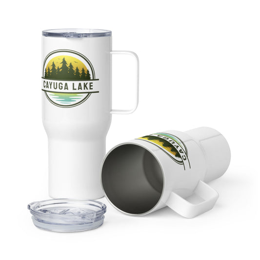 Cayuga Lake yellow & blue travel mug with a handle