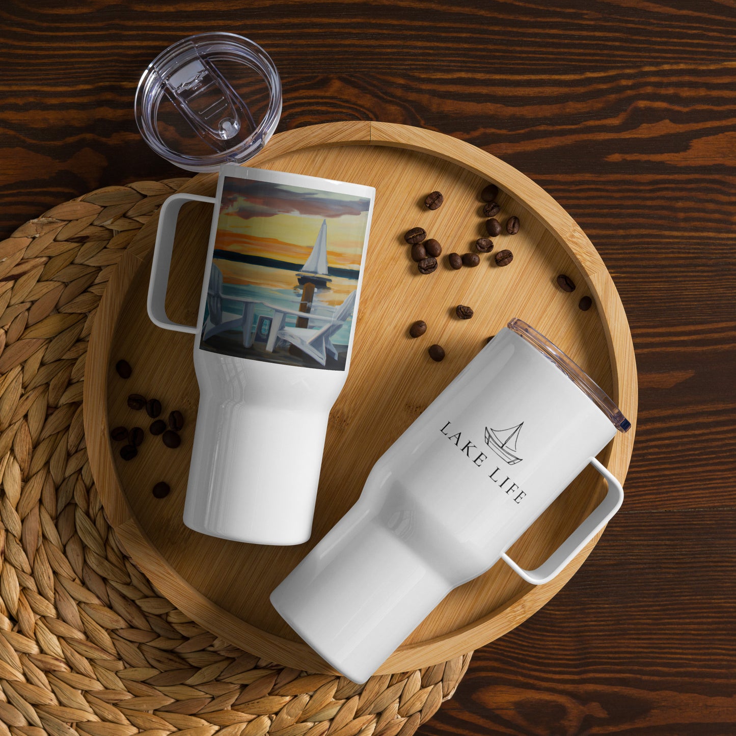 Lake Life featuring Adirondack Chairs & Sailboat travel mug with a handle