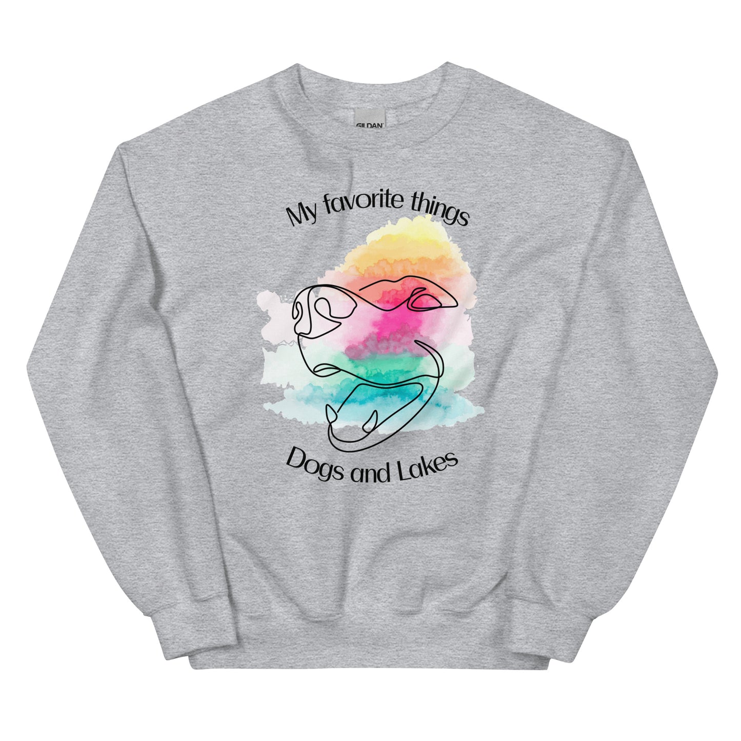 My Favorite Things ... Dogs and Lakes Unisex Sweatshirt, featuring a line drawing of a cute dog face on a multi-color watercolor back drop.