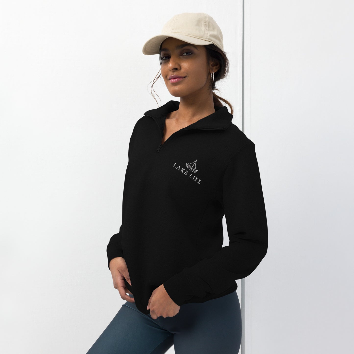 Lake Life Sailboat Unisex fleece pullover, black pullover embroidered with white design and lettering on left chest