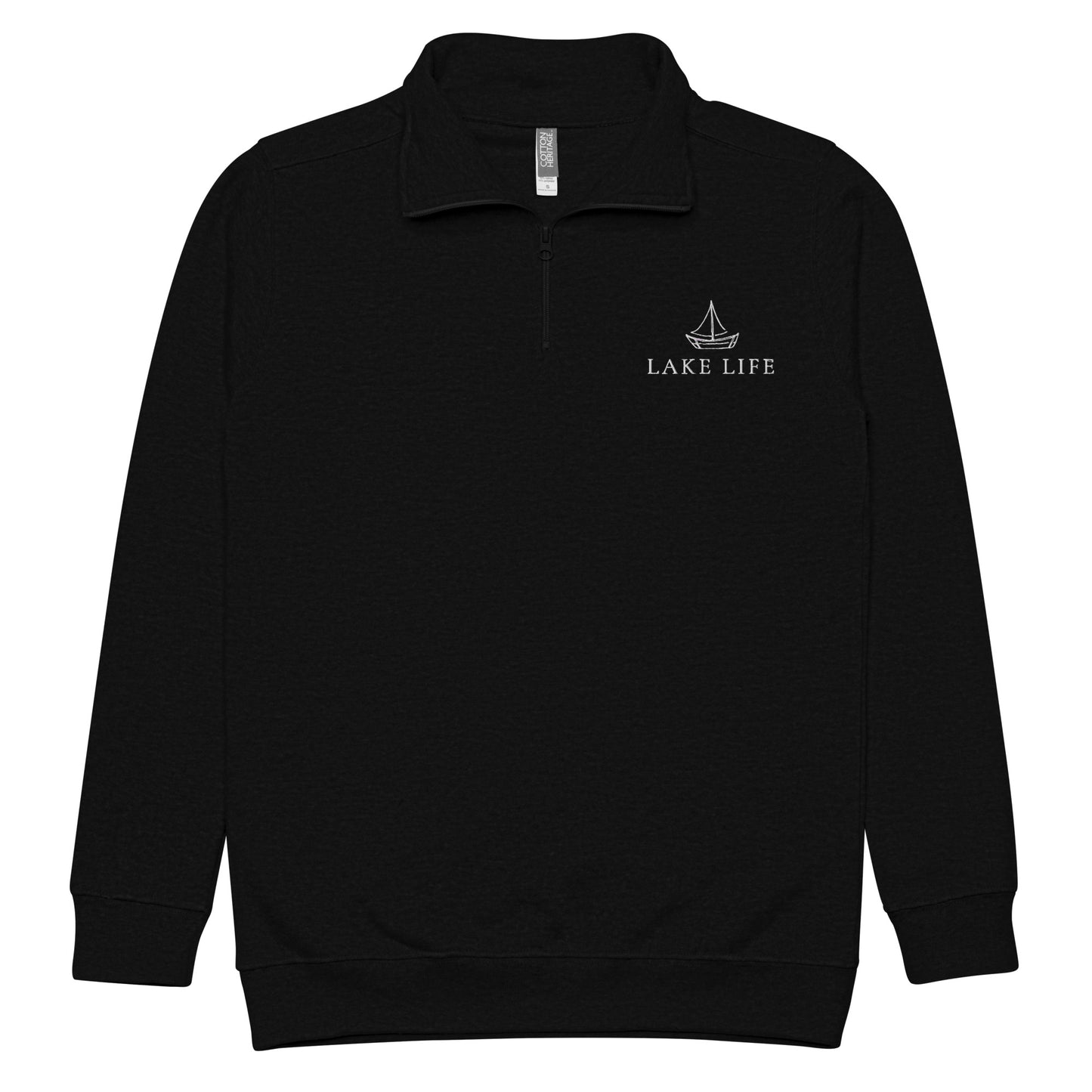 Lake Life Sailboat Unisex fleece pullover, black pullover embroidered with white design and lettering on left chest