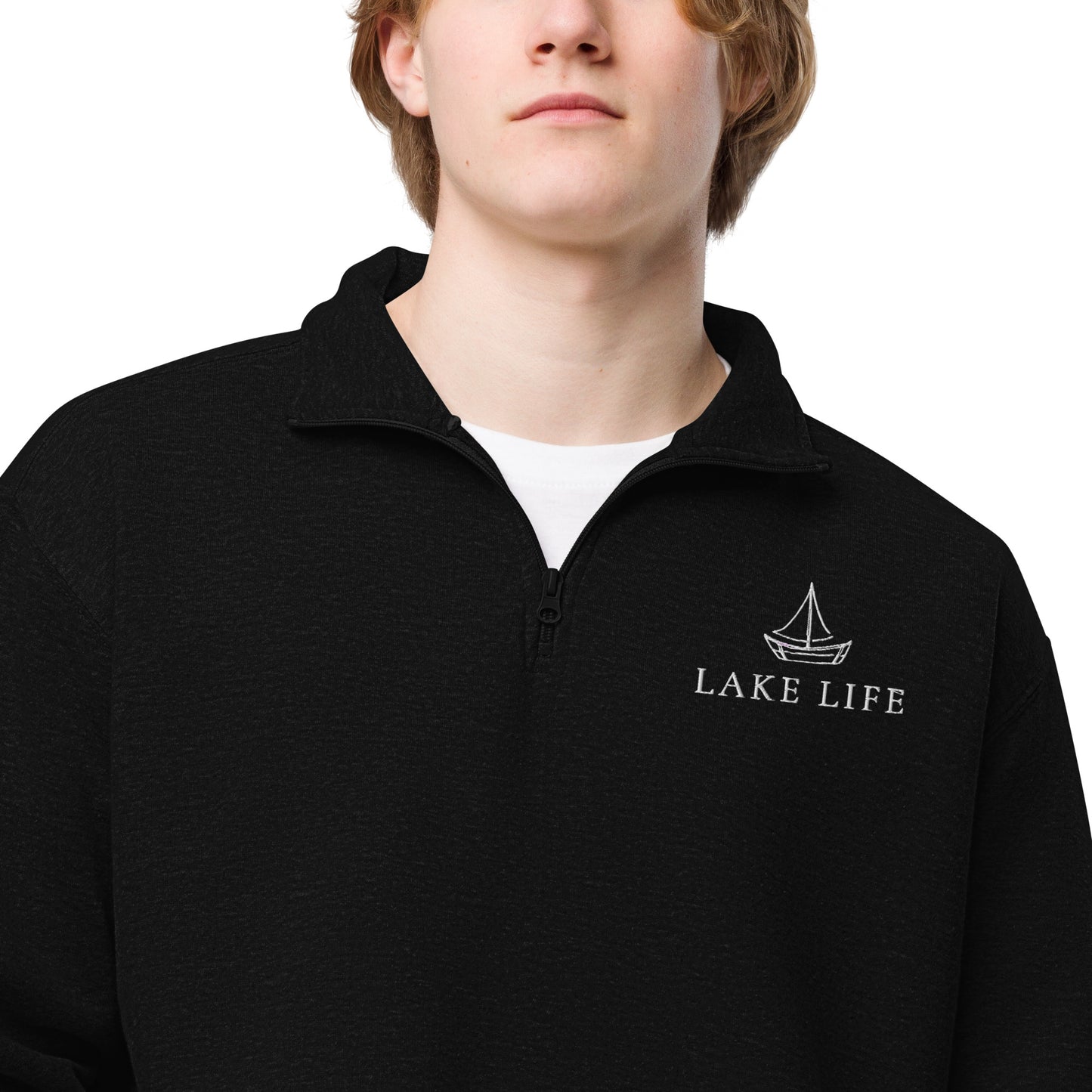 Lake Life Sailboat Unisex fleece pullover, black pullover embroidered with white design and lettering on left chest