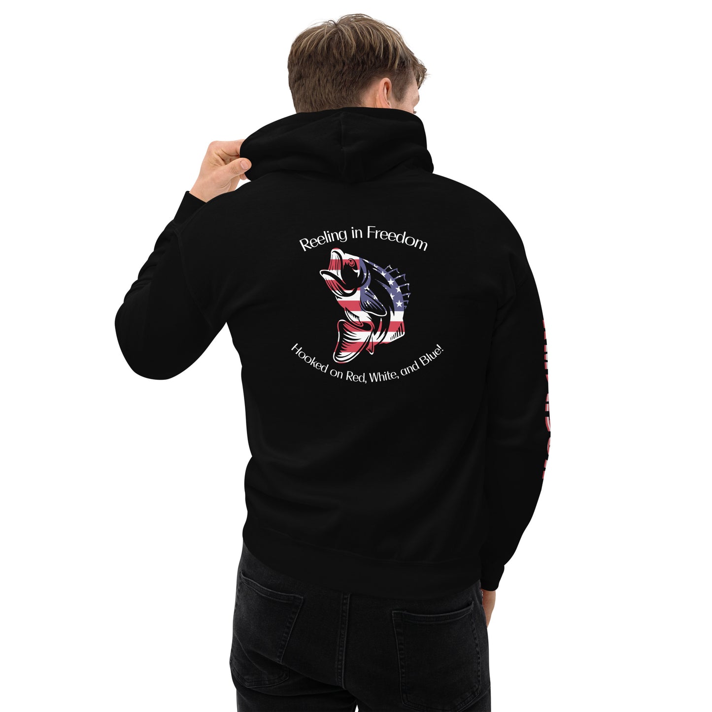 Customizable Reeling in Freedom: Hooked on Red, White, and Blue Personalized Unisex Hoodie featuring the name of your lake on the front left chest, a large patriotic fish design covering the back and America down the right sleeve