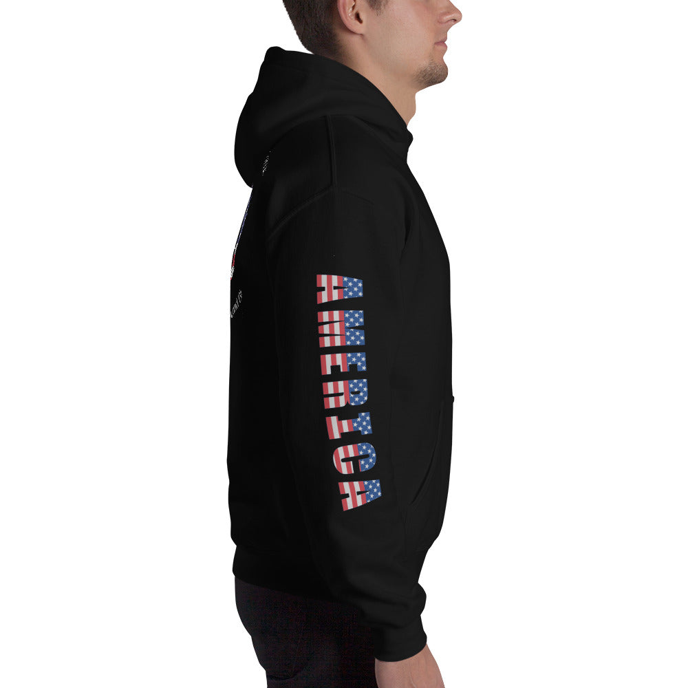 Customizable Reeling in Freedom: Hooked on Red, White, and Blue Personalized Unisex Hoodie featuring the name of your lake on the front left chest, a large patriotic fish design covering the back and America down the right sleeve