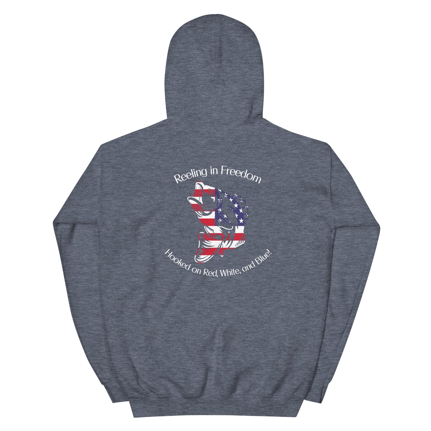 Customizable Reeling in Freedom: Hooked on Red, White, and Blue Personalized Unisex Hoodie featuring the name of your lake on the front left chest, a large patriotic fish design covering the back and America down the right sleeve