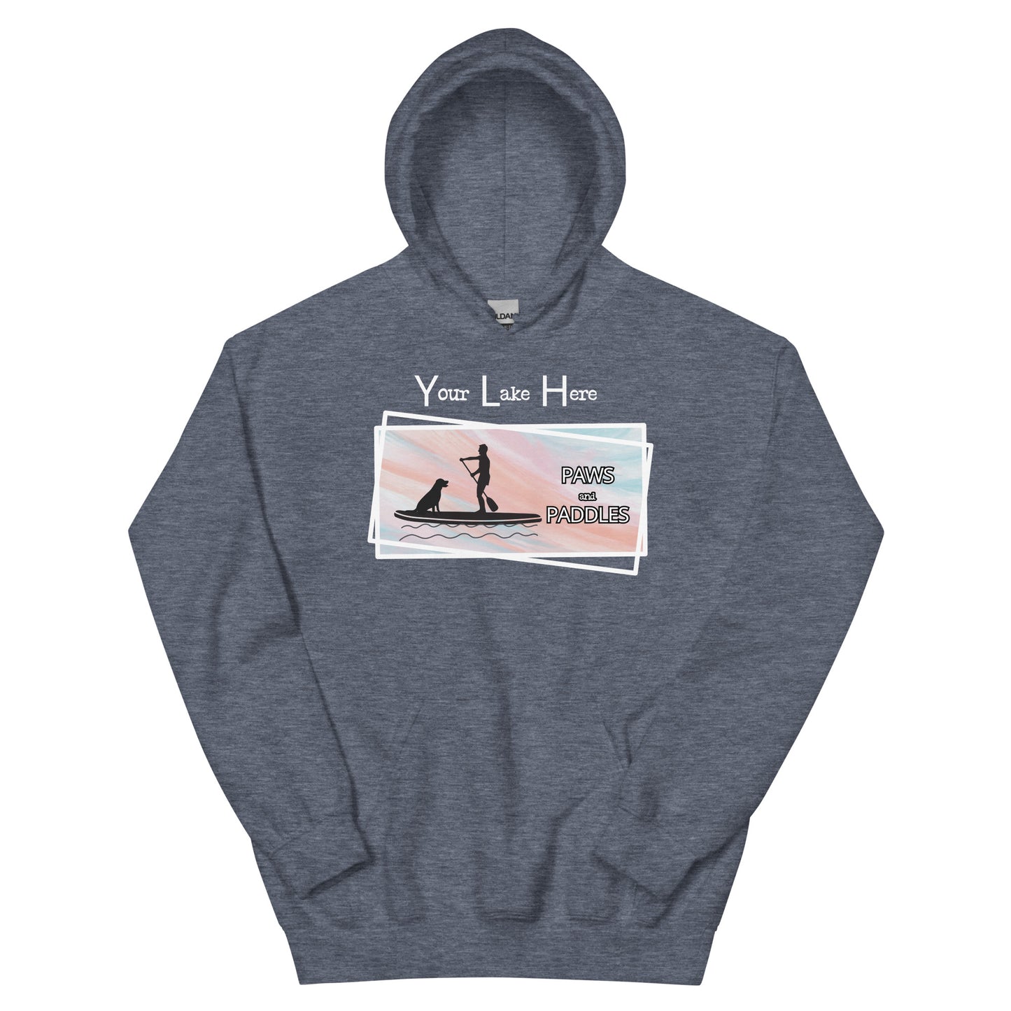 Customizable Paws and Paddles Unisex Hoodie, personalized with the name of your lake