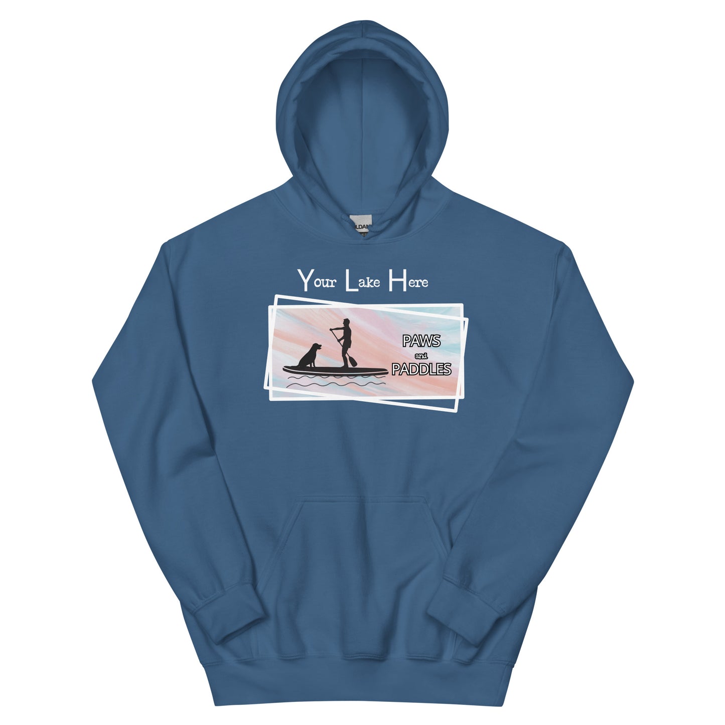 Customizable Paws and Paddles Unisex Hoodie, personalized with the name of your lake