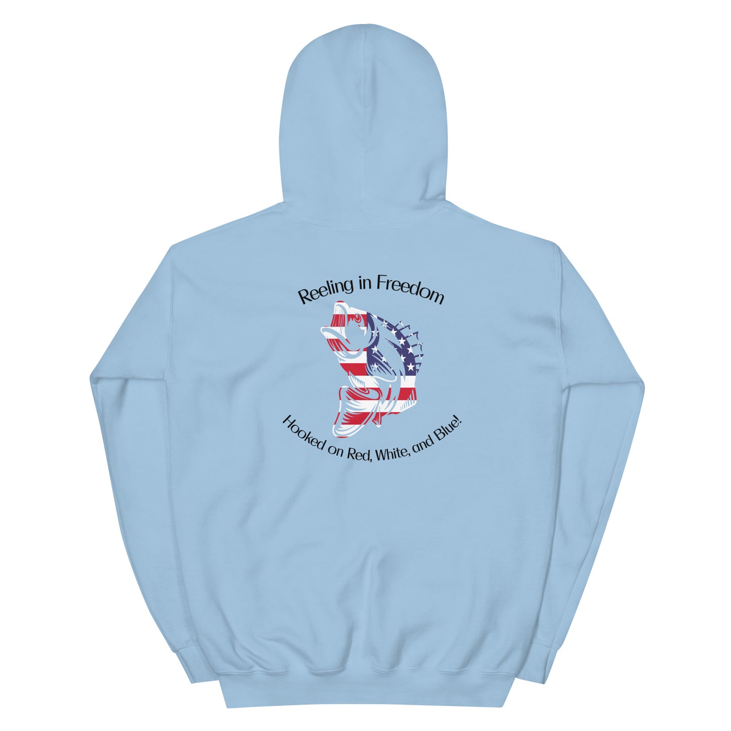 Customizable Reeling in Freedom: Hooked on Red, White, and Blue Personalized Unisex Hoodie featuring the name of your lake on the front left chest, a large patriotic fish design covering the back and America down the right sleeve