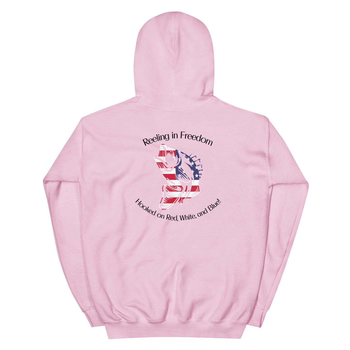 Customizable Reeling in Freedom: Hooked on Red, White, and Blue Personalized Unisex Hoodie featuring the name of your lake on the front left chest, a large patriotic fish design covering the back and America down the right sleeve