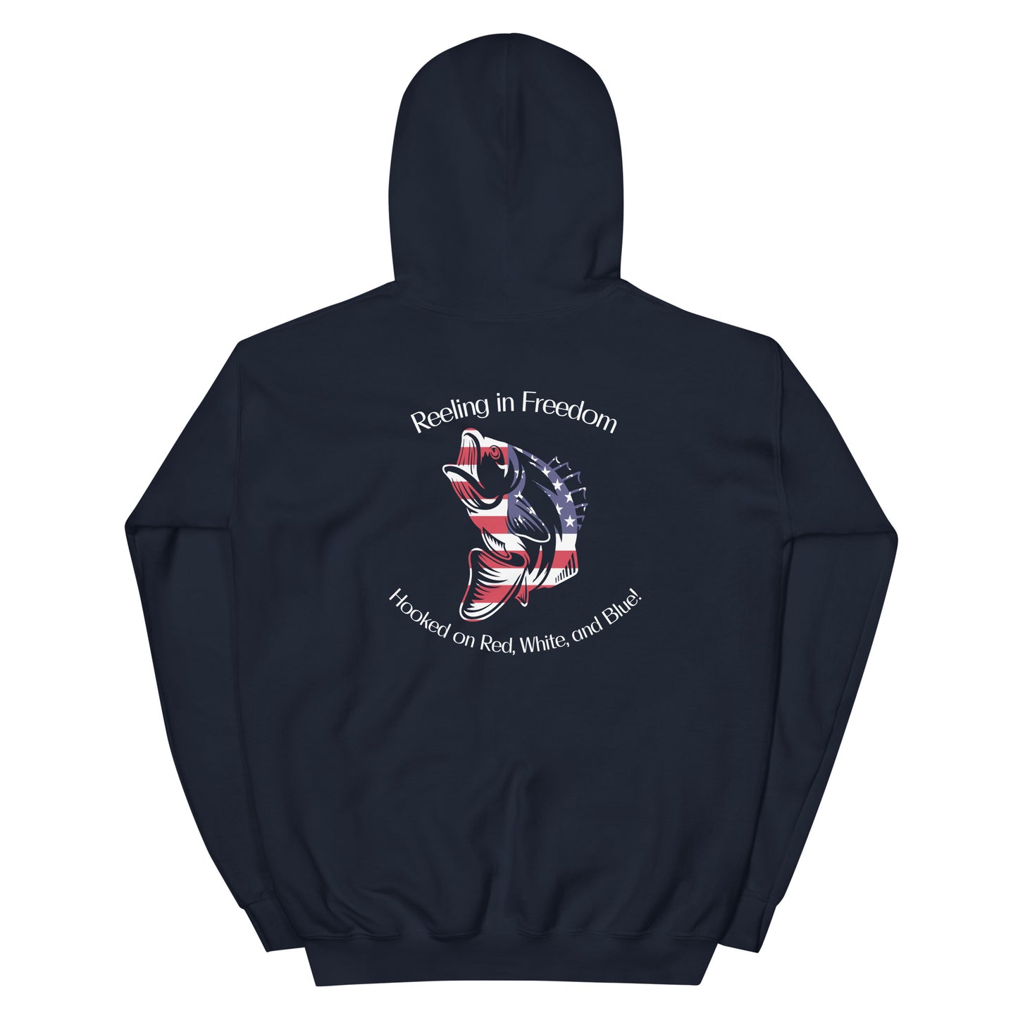 Customizable Reeling in Freedom: Hooked on Red, White, and Blue Personalized Unisex Hoodie featuring the name of your lake on the front left chest, a large patriotic fish design covering the back and America down the right sleeve