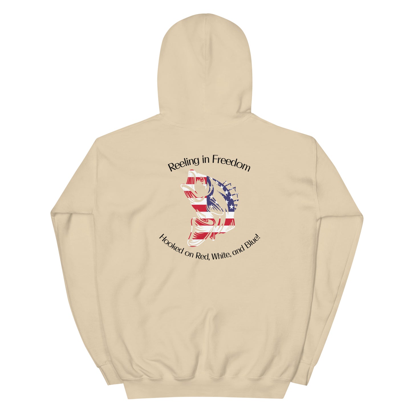 Customizable Reeling in Freedom: Hooked on Red, White, and Blue Personalized Unisex Hoodie featuring the name of your lake on the front left chest, a large patriotic fish design covering the back and America down the right sleeve