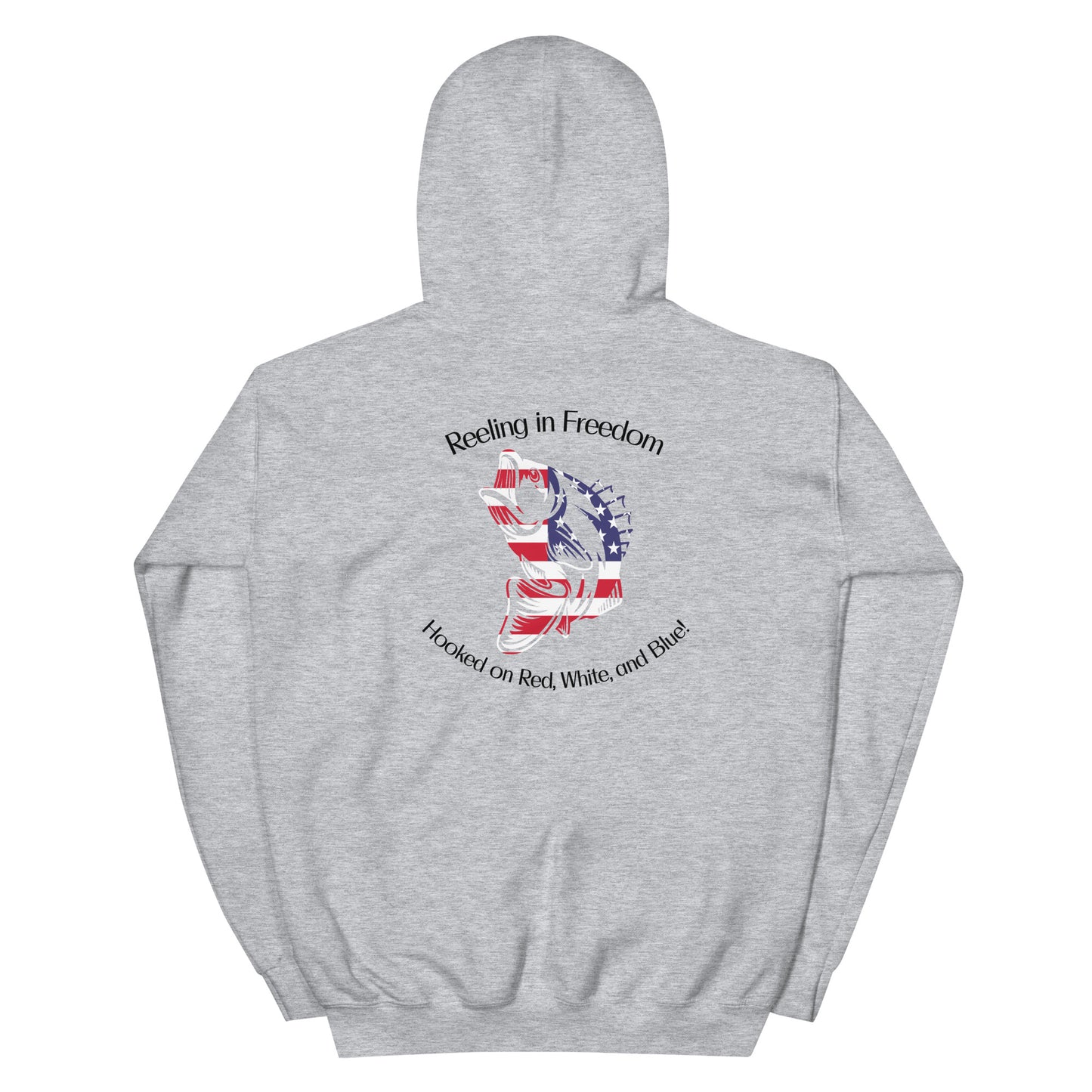 Customizable Reeling in Freedom: Hooked on Red, White, and Blue Personalized Unisex Hoodie featuring the name of your lake on the front left chest, a large patriotic fish design covering the back and America down the right sleeve