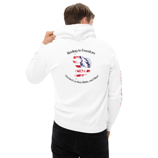 Customizable Reeling in Freedom: Hooked on Red, White, and Blue Personalized Unisex Hoodie featuring the name of your lake on the front left chest, a large patriotic fish design covering the back and America down the right sleeve