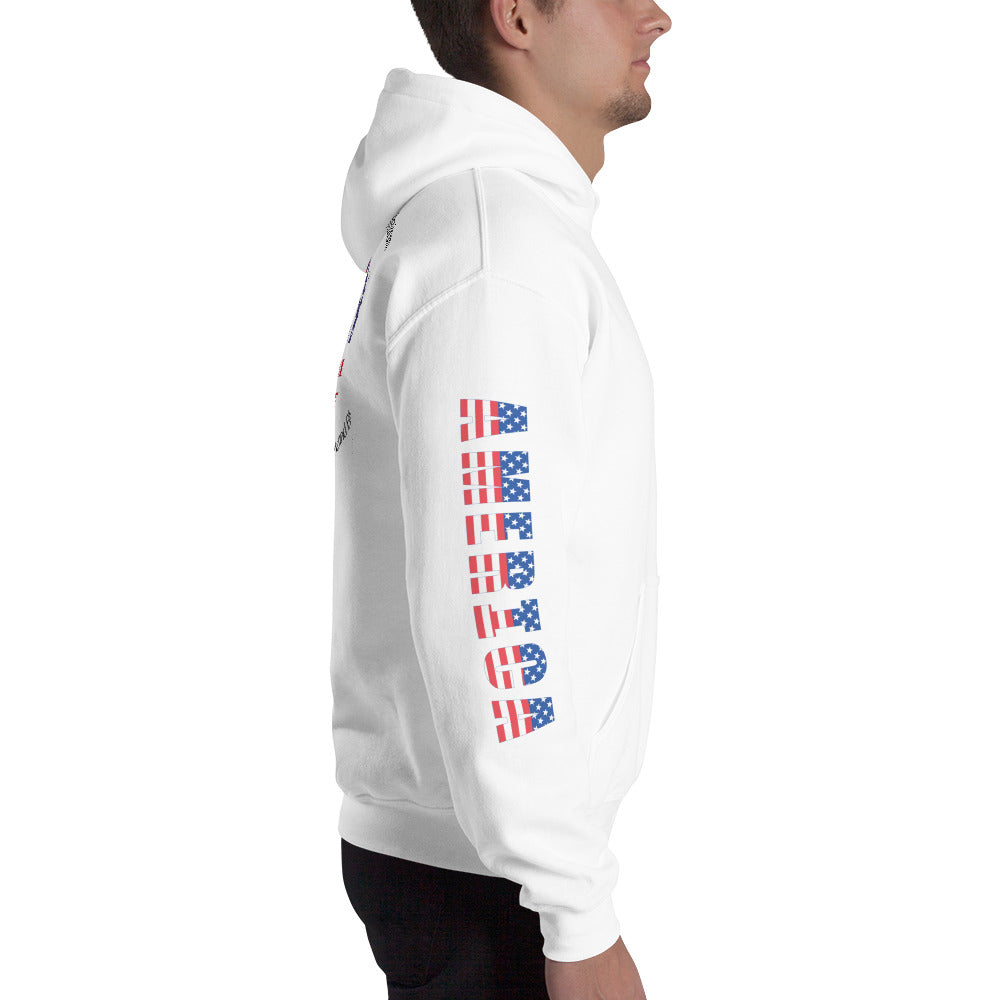 Customizable Reeling in Freedom: Hooked on Red, White, and Blue Personalized Unisex Hoodie featuring the name of your lake on the front left chest, a large patriotic fish design covering the back and America down the right sleeve