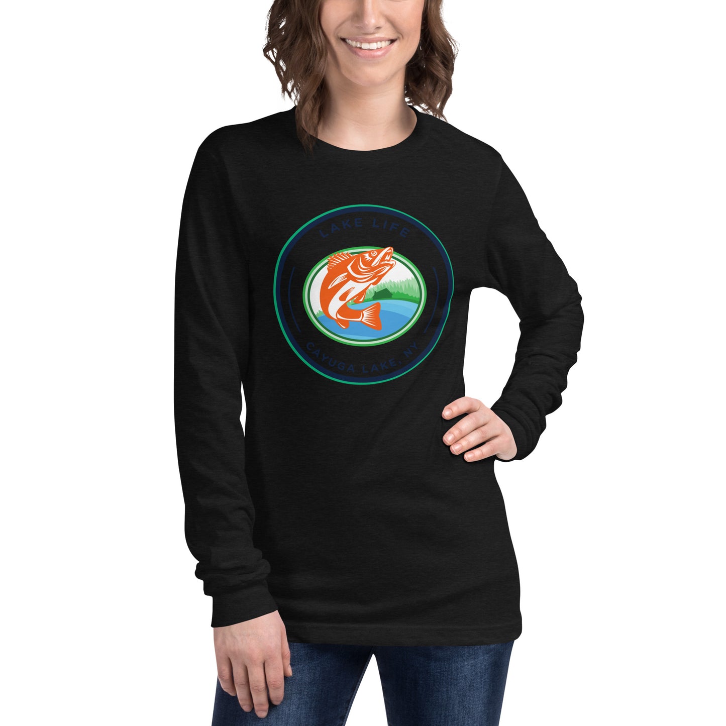 Unisex Long Sleeve Tee - Cayuga Lake Lake Life orange fish