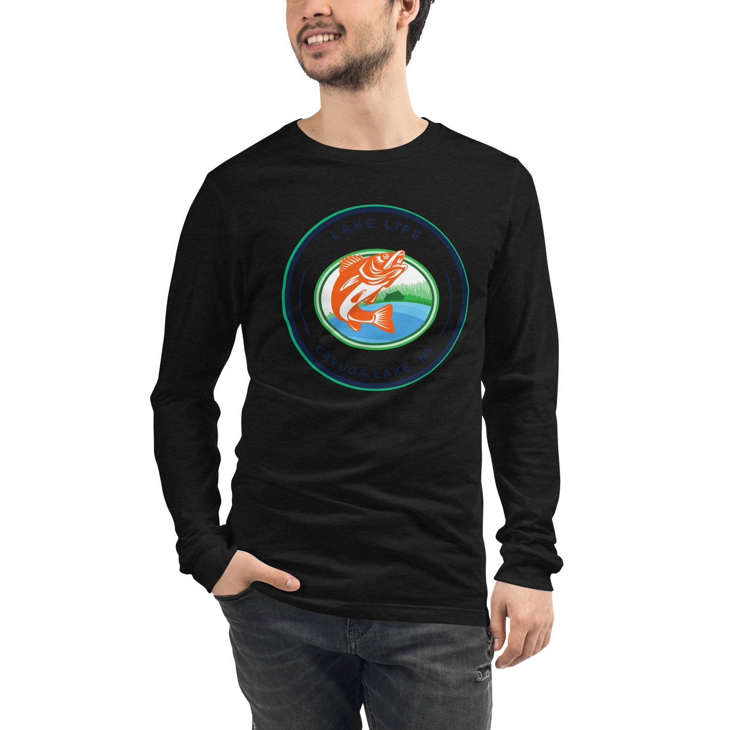 Unisex Long Sleeve Tee - Cayuga Lake Lake Life orange fish