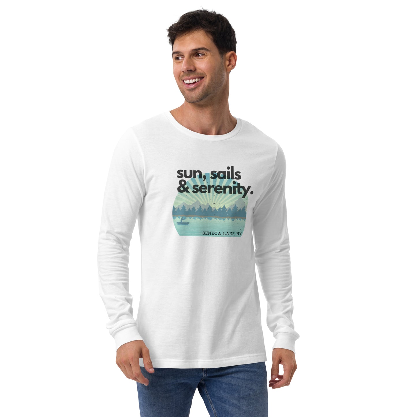 Unisex Long Sleeve Tee - Seneca Lake Sun, Sails & Serenity