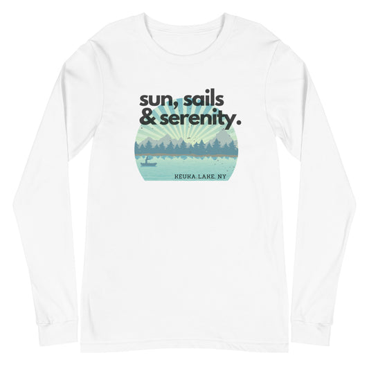 Unisex Long Sleeve Tee - Keuka Lake Sun, Sails & Serenity