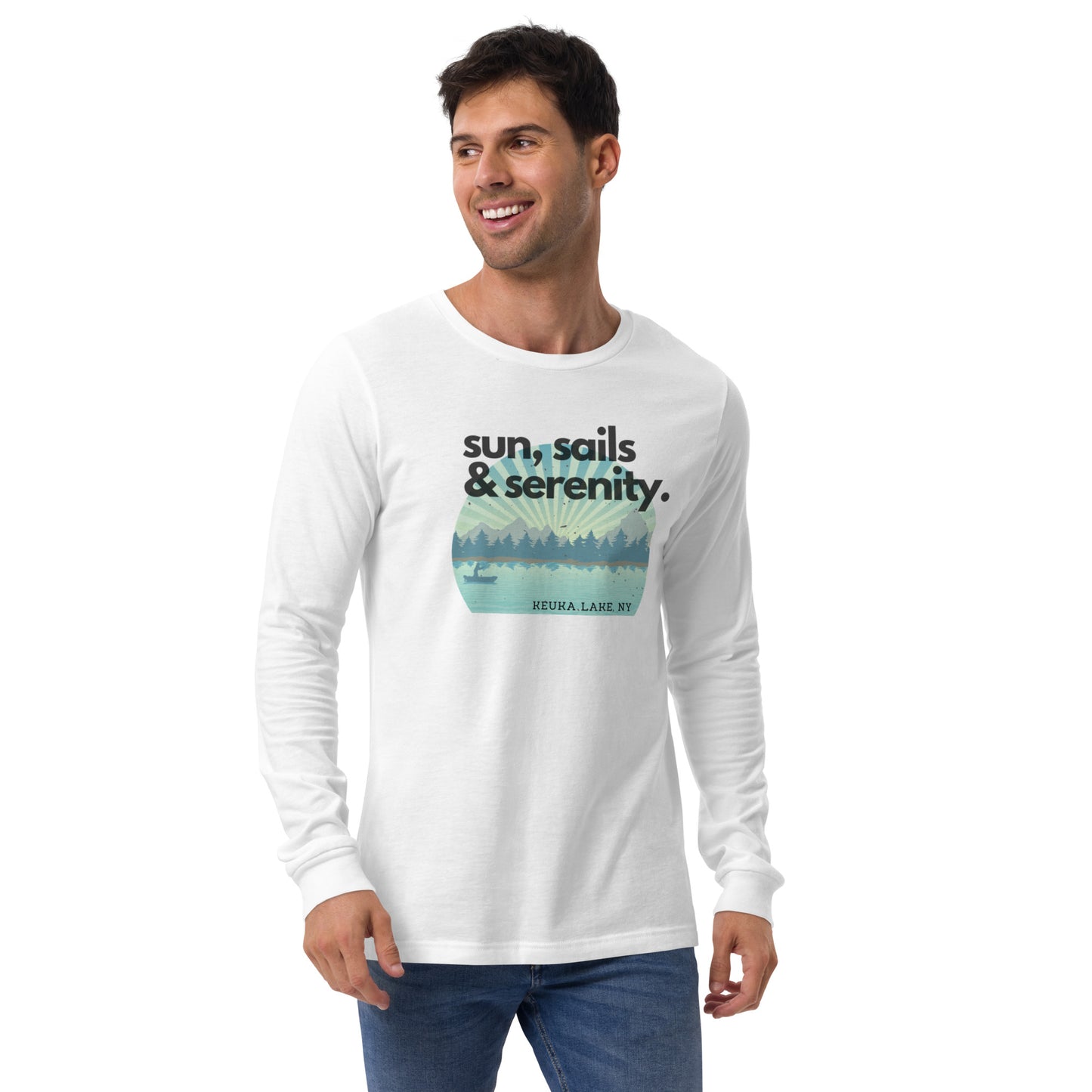 Unisex Long Sleeve Tee - Keuka Lake Sun, Sails & Serenity