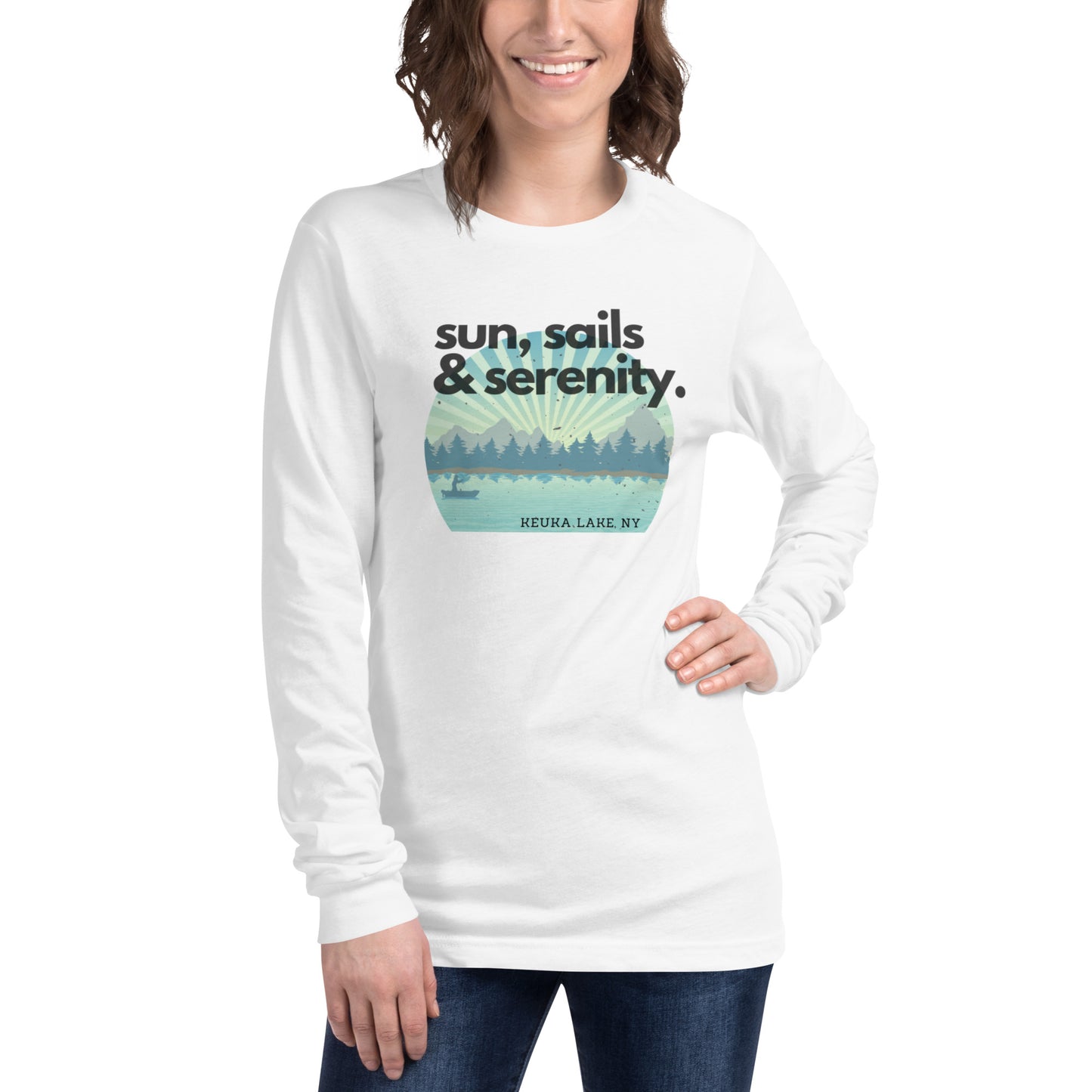 Unisex Long Sleeve Tee - Keuka Lake Sun, Sails & Serenity