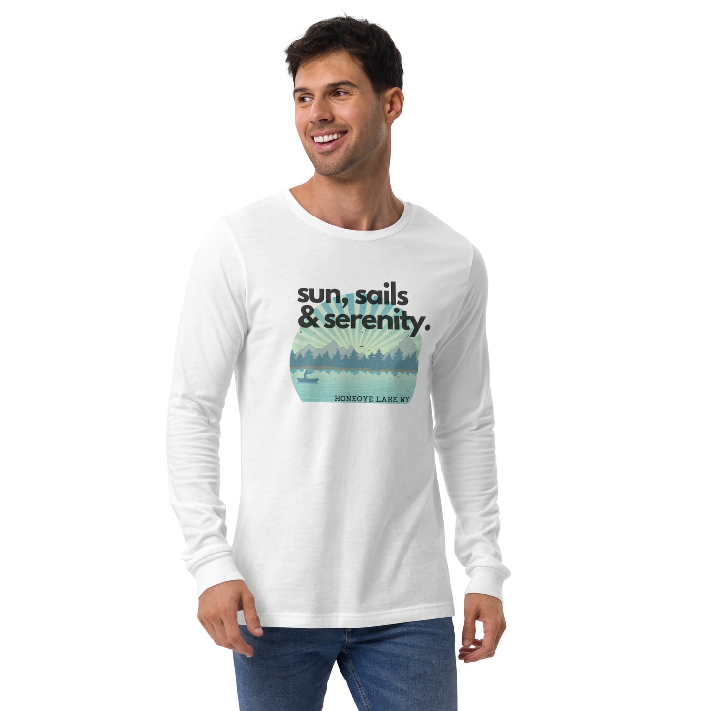 Unisex Long Sleeve Tee - Honeoye Lake Sun, Sails & Serenity