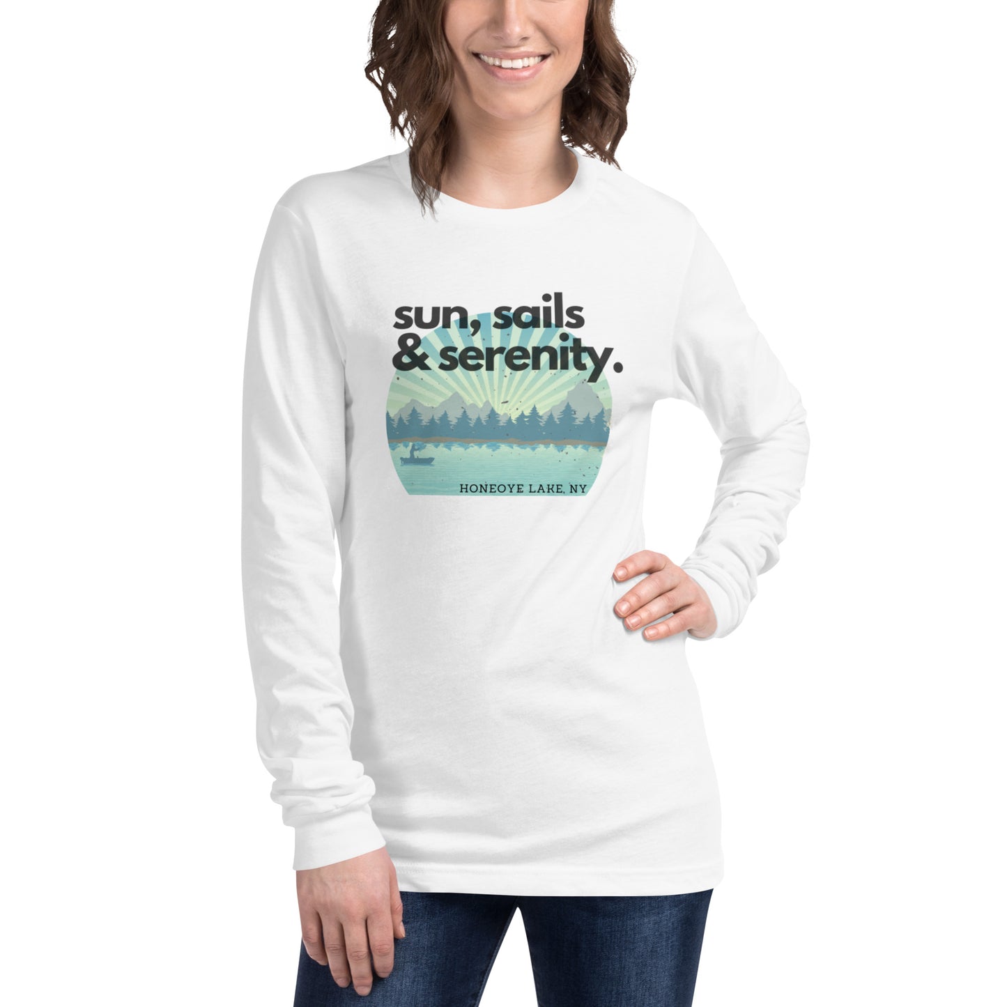 Unisex Long Sleeve Tee - Honeoye Lake Sun, Sails & Serenity