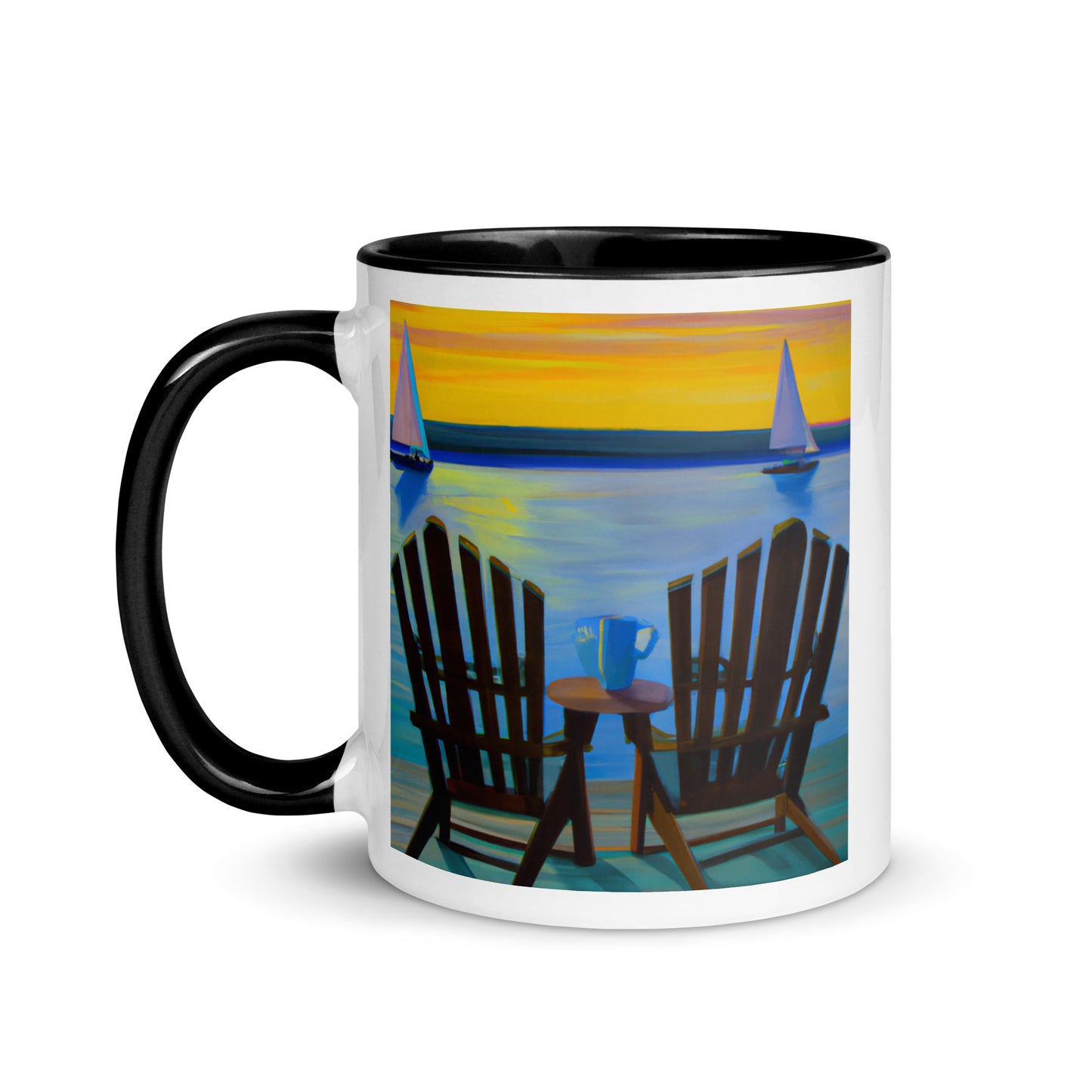 QKA Keuka Lake, NY coffee mug, with the shape of the lake & adirondack chairs