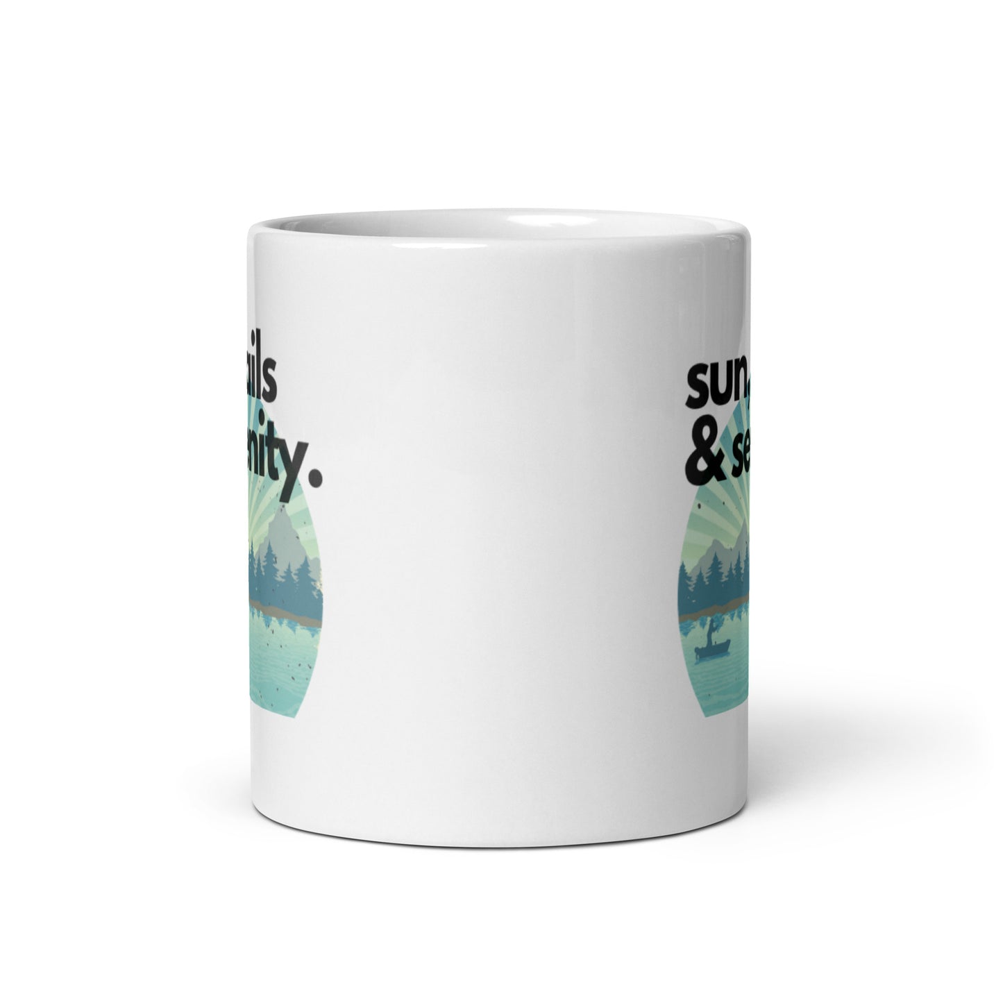 White glossy mug - Sun, Sails & Serenity