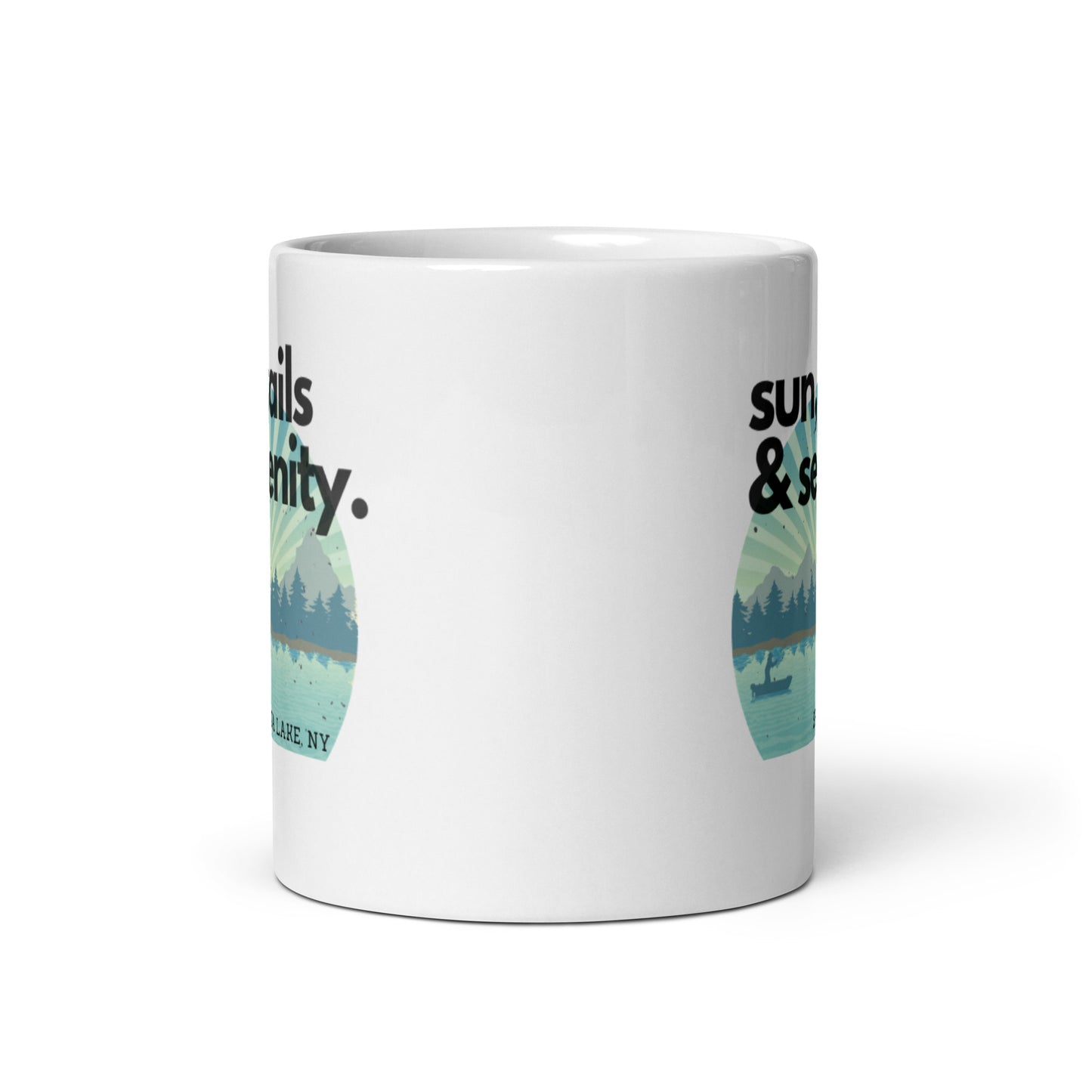 White glossy mug - Seneca Lake Sun, Sails, Serenity