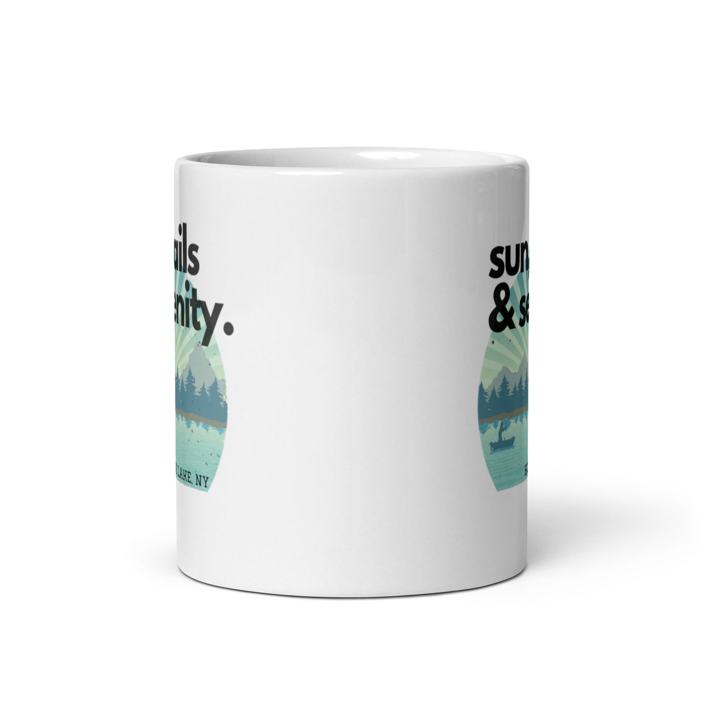 White glossy mug - Honeoye Lake Sun, Sails, Serenity