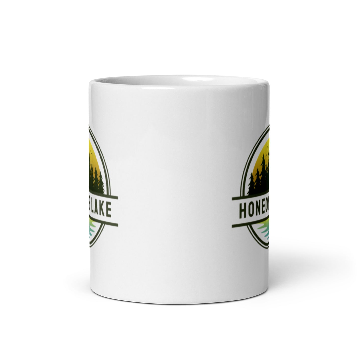 White glossy mug - Honeoye Lake yellow & blue