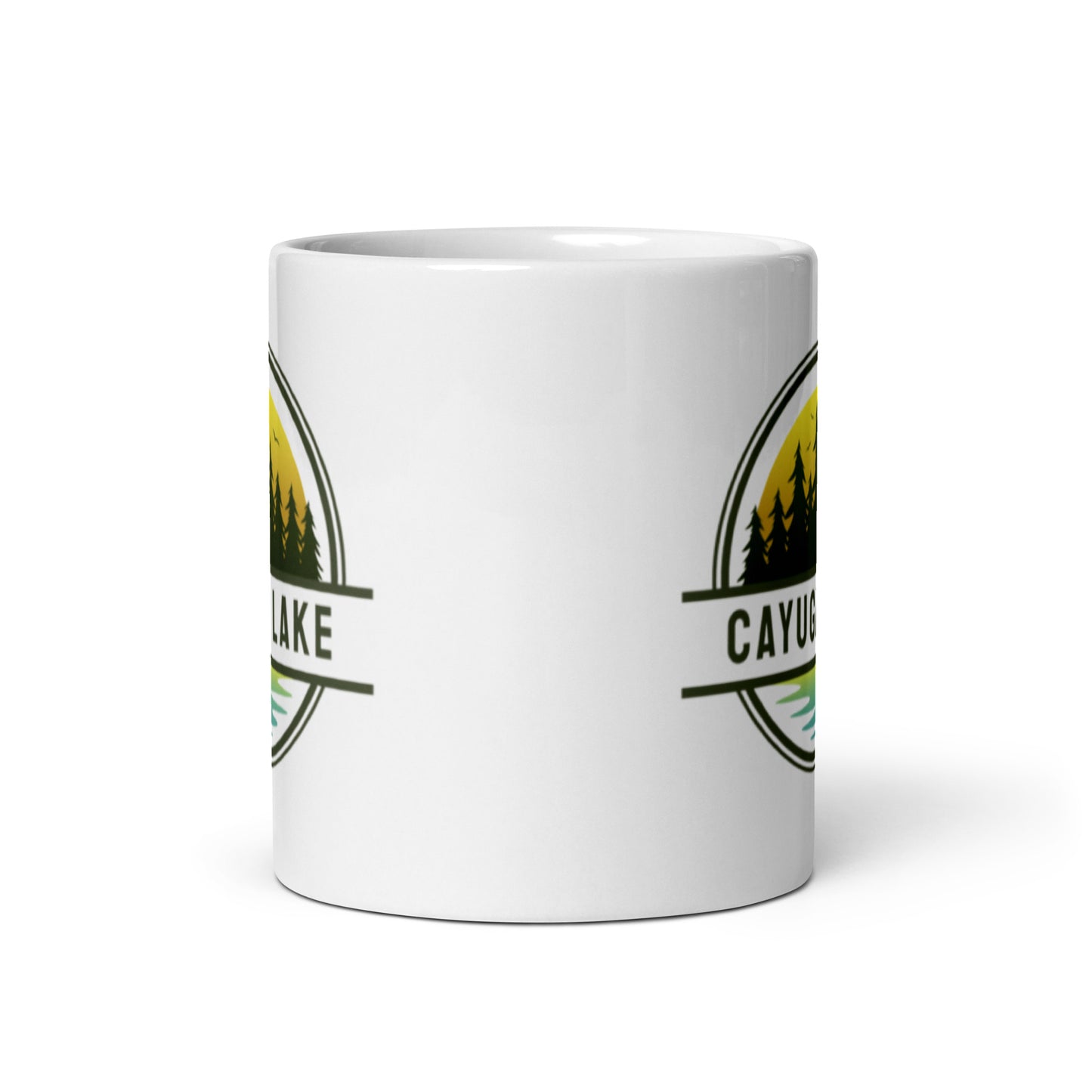 White glossy mug - Cayuga Lake yellow & blue