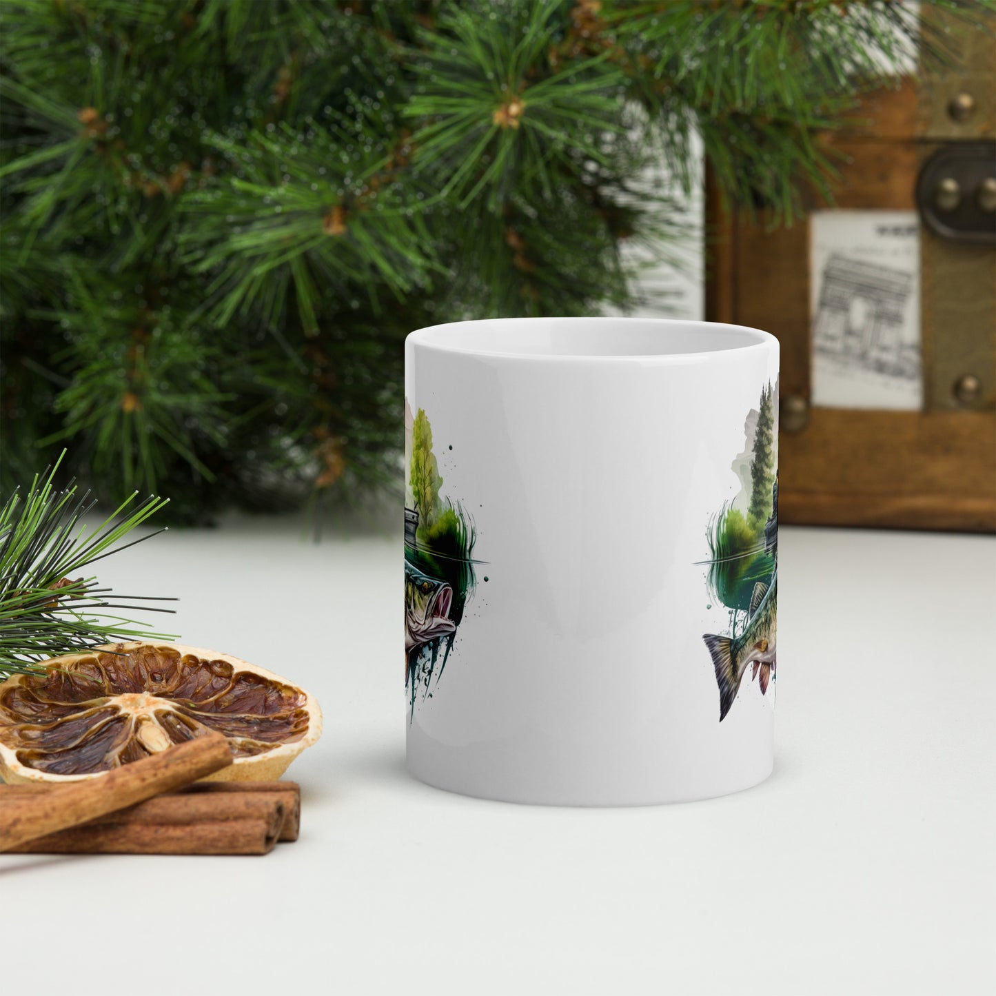 There's Always a Bigger Fish white glossy mug, featuring a fisherman and walleye