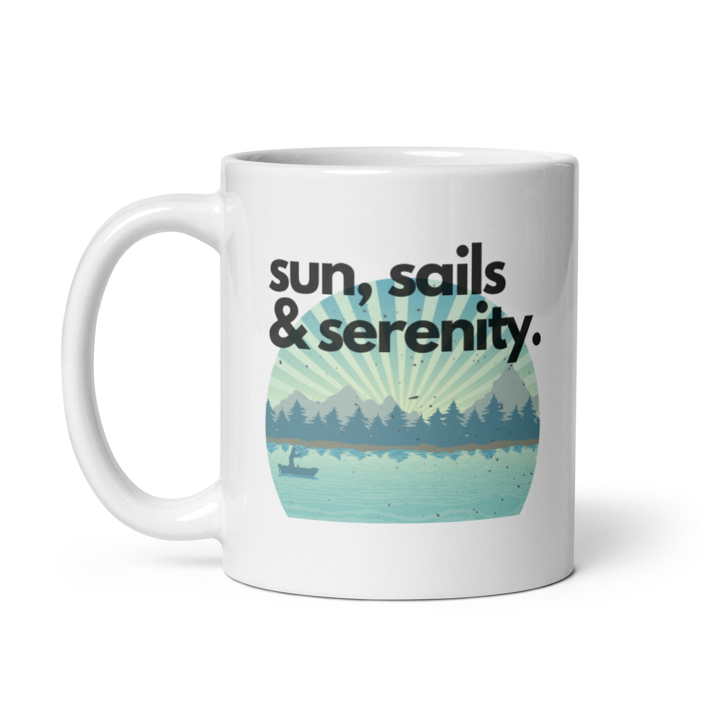 White glossy mug - Sun, Sails & Serenity