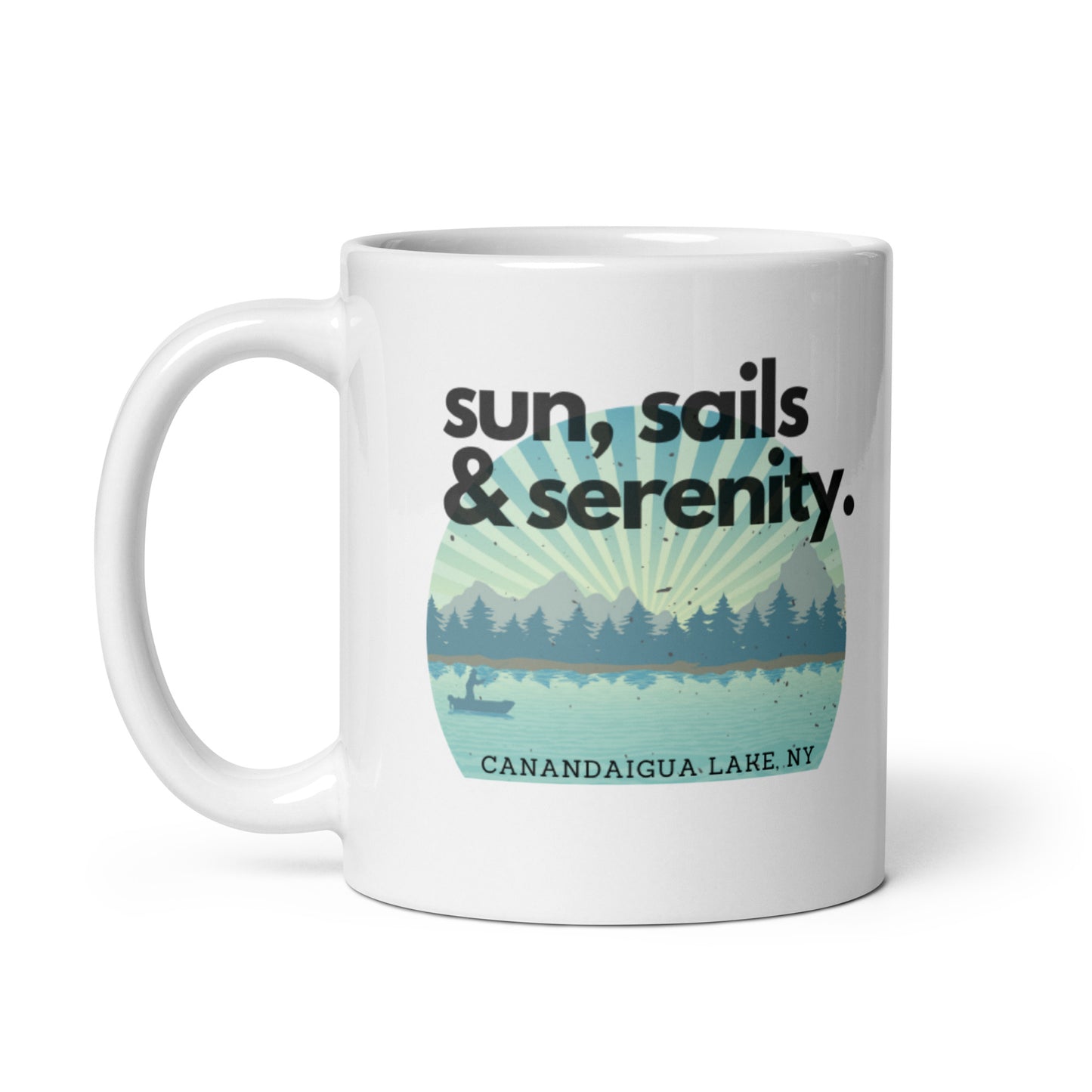 White glossy mug - Canandaigua Lake Sun, Sails, Serenity