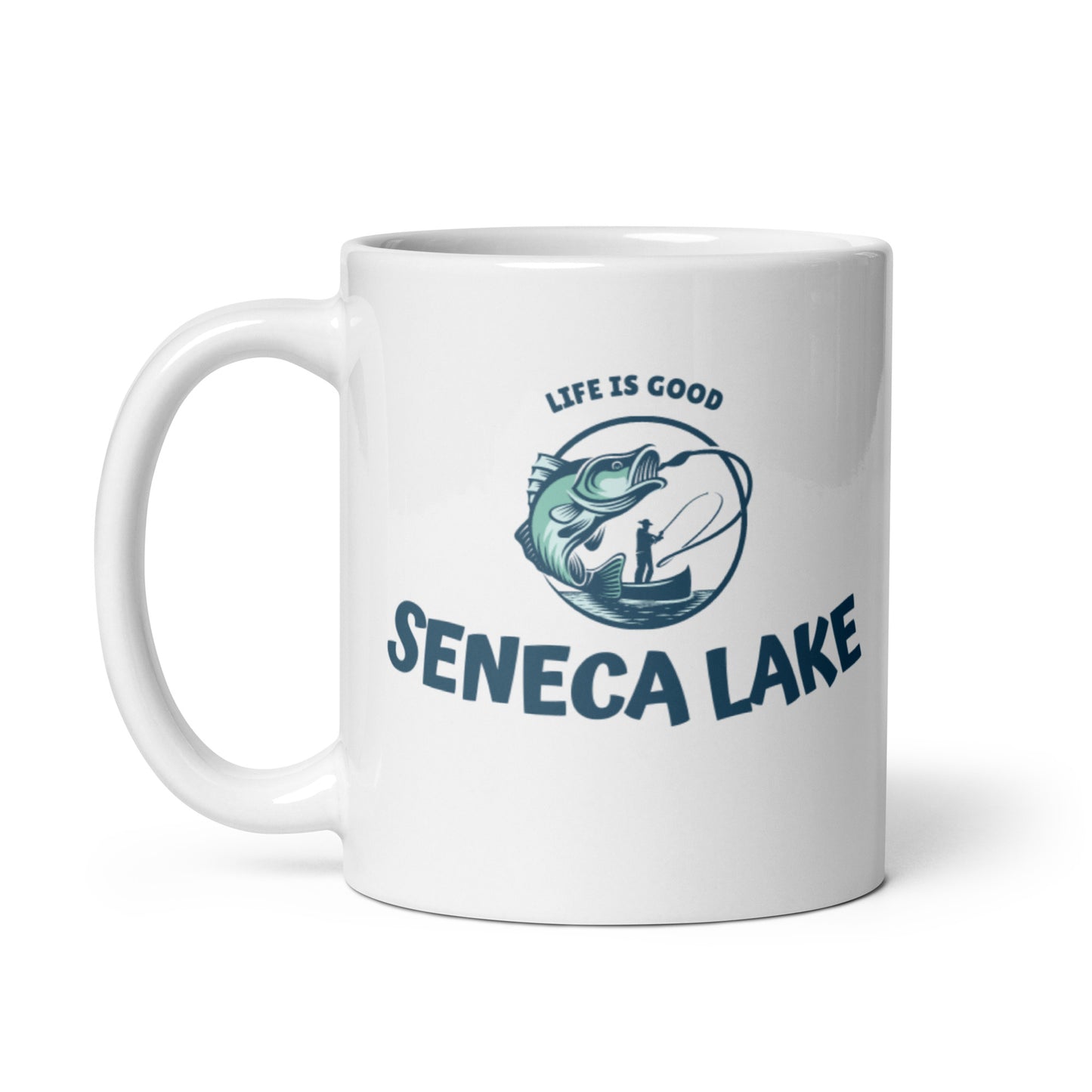 White glossy mug - Seneca Lake Life is Good fisherman