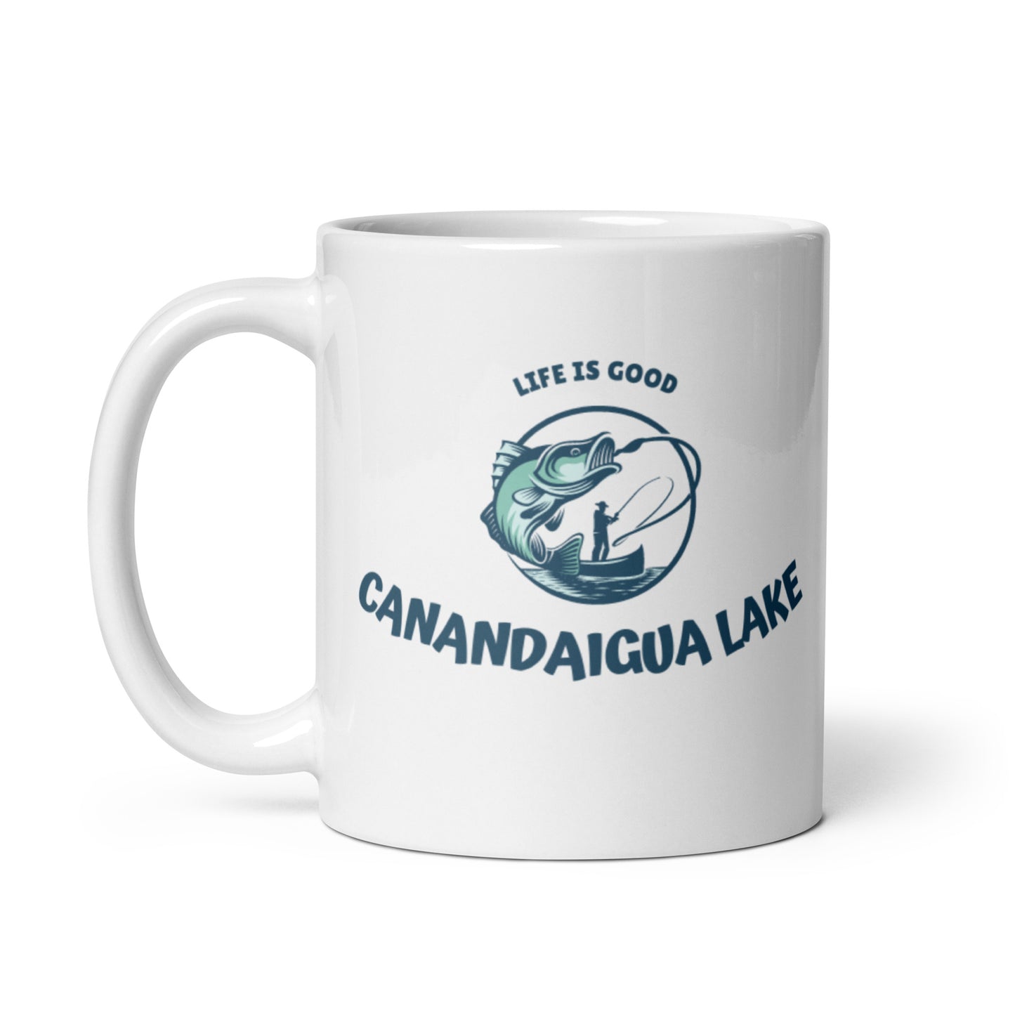 White glossy mug - Canandaigua Lake Life is Good fisherman