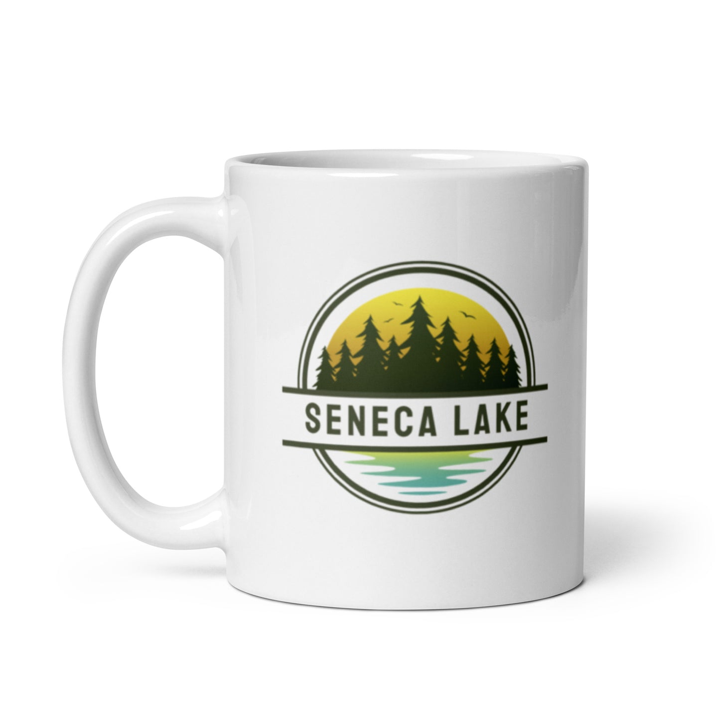 White glossy mug - Seneca Lake yellow & blue