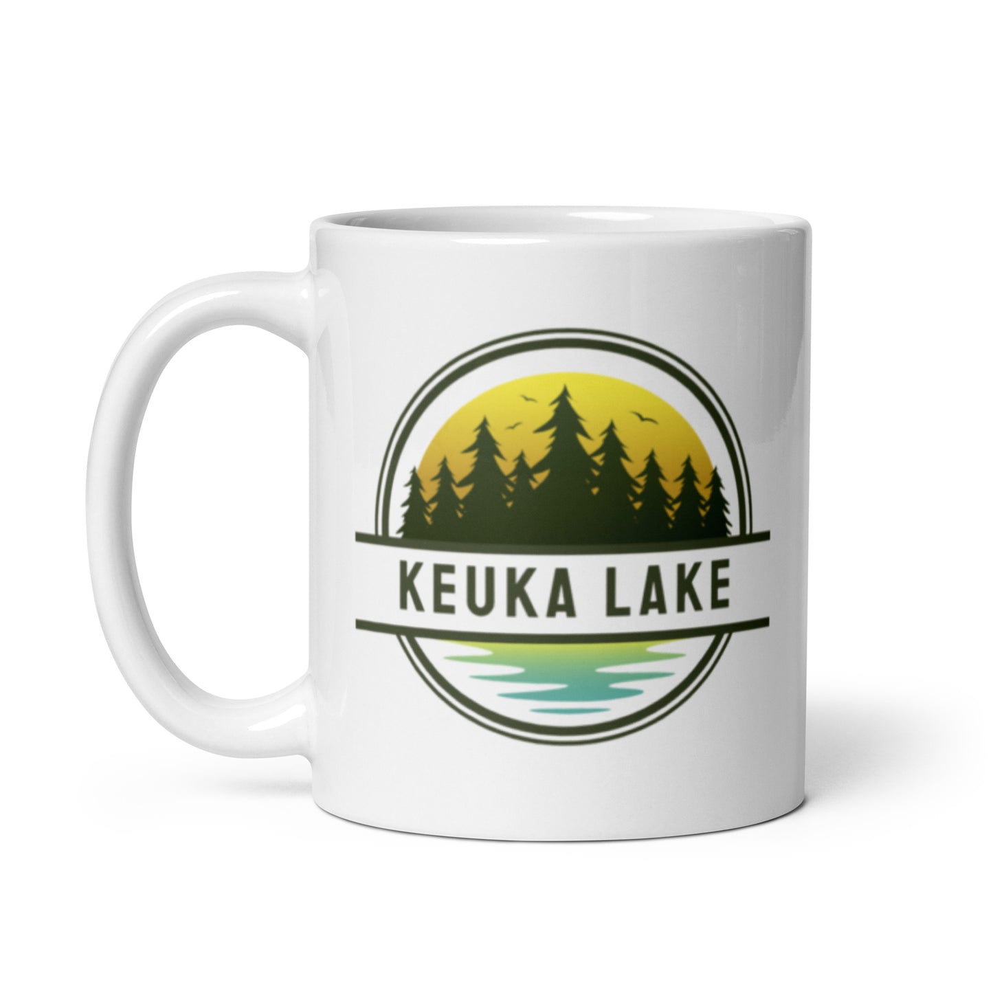 White glossy mug - Keuka Lake yellow & blue