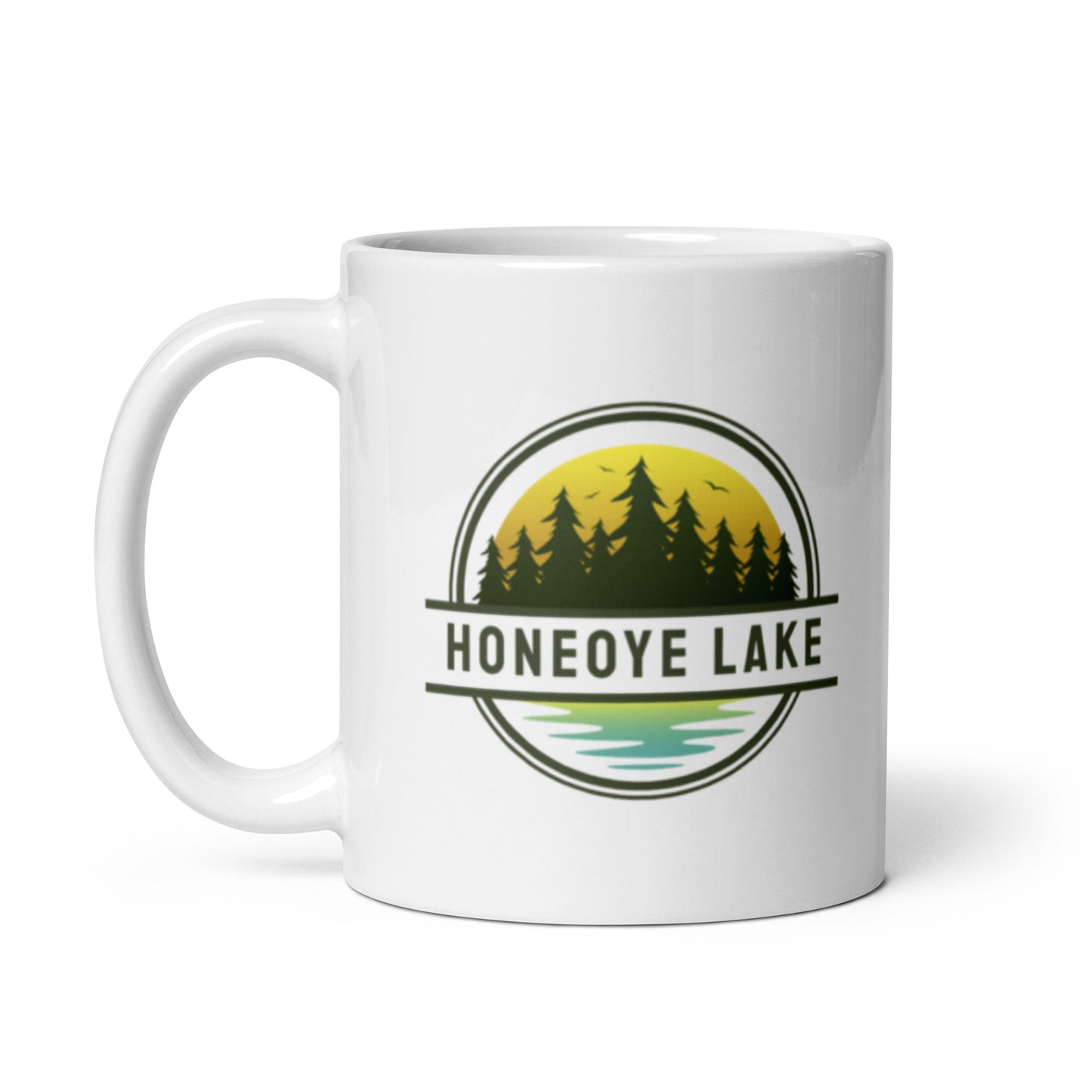 White glossy mug - Honeoye Lake yellow & blue