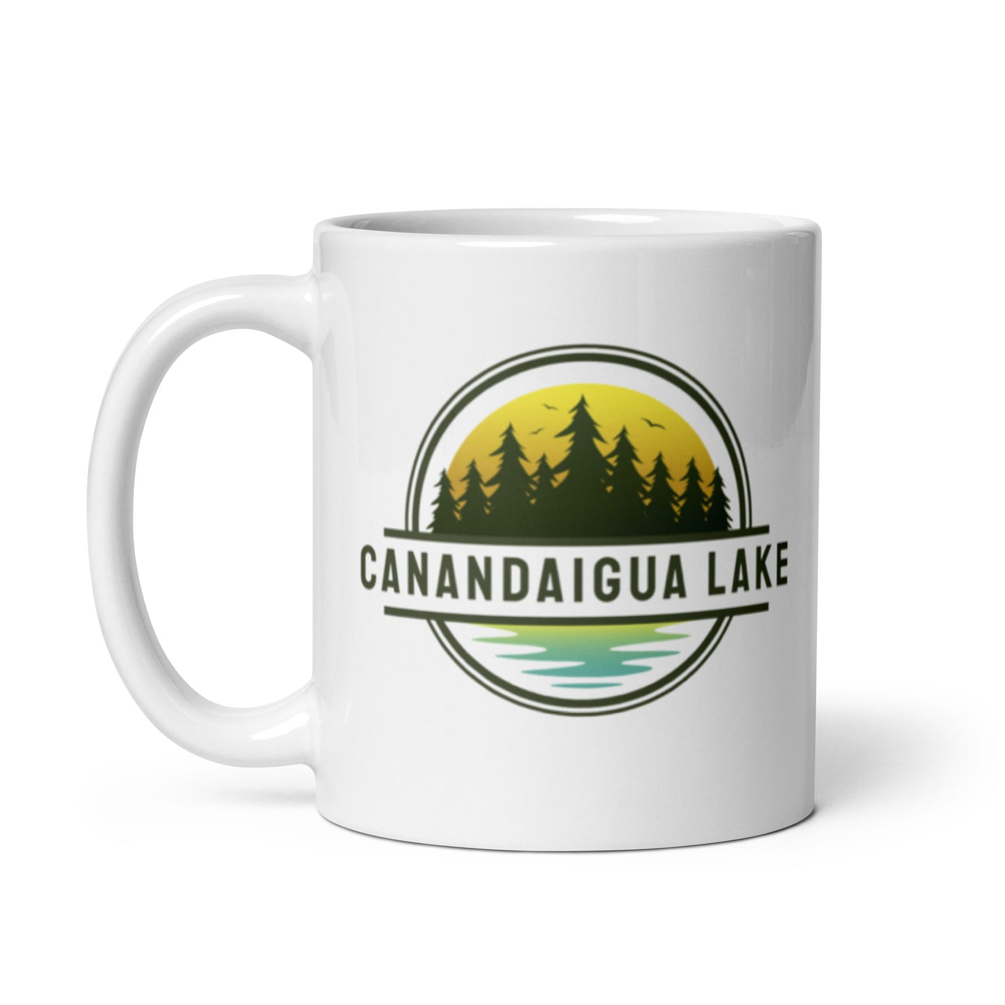 White glossy mug - Canandaigua Lake yellow & blue