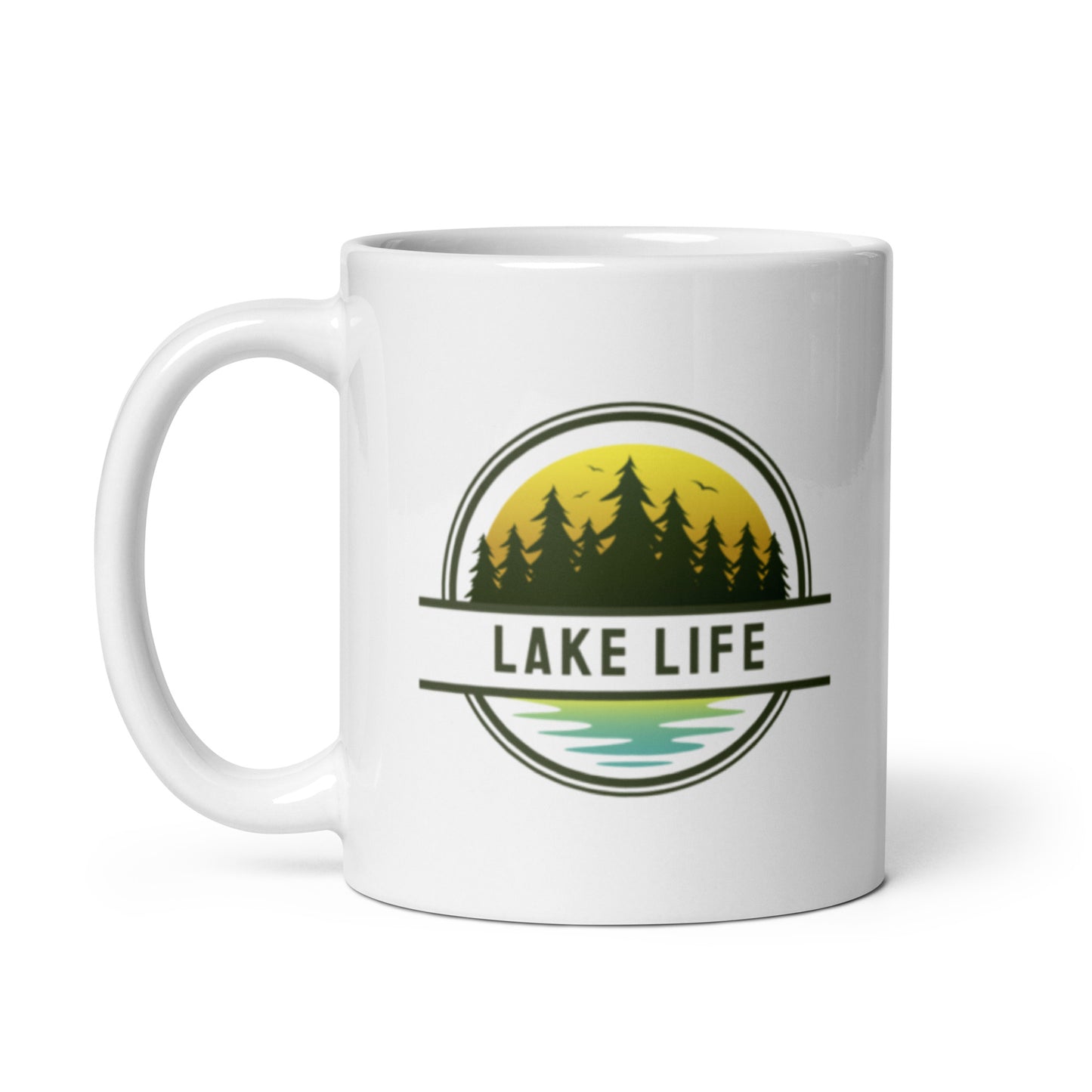 White glossy mug - Lake Life yellow & blue