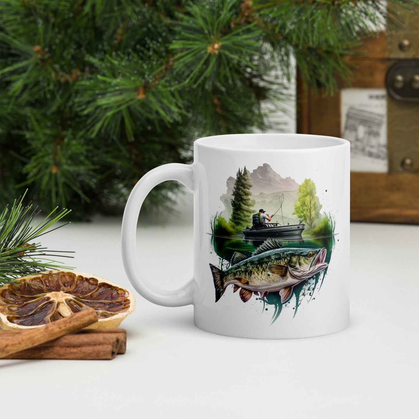 There's Always a Bigger Fish white glossy mug, featuring a fisherman and walleye