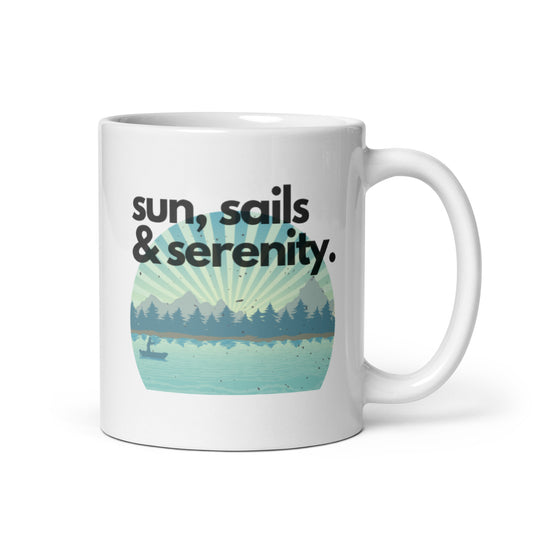 White glossy mug - Sun, Sails & Serenity