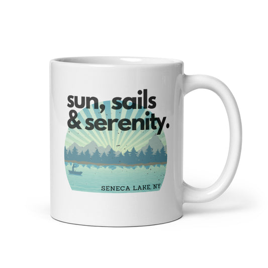 White glossy mug - Seneca Lake Sun, Sails, Serenity