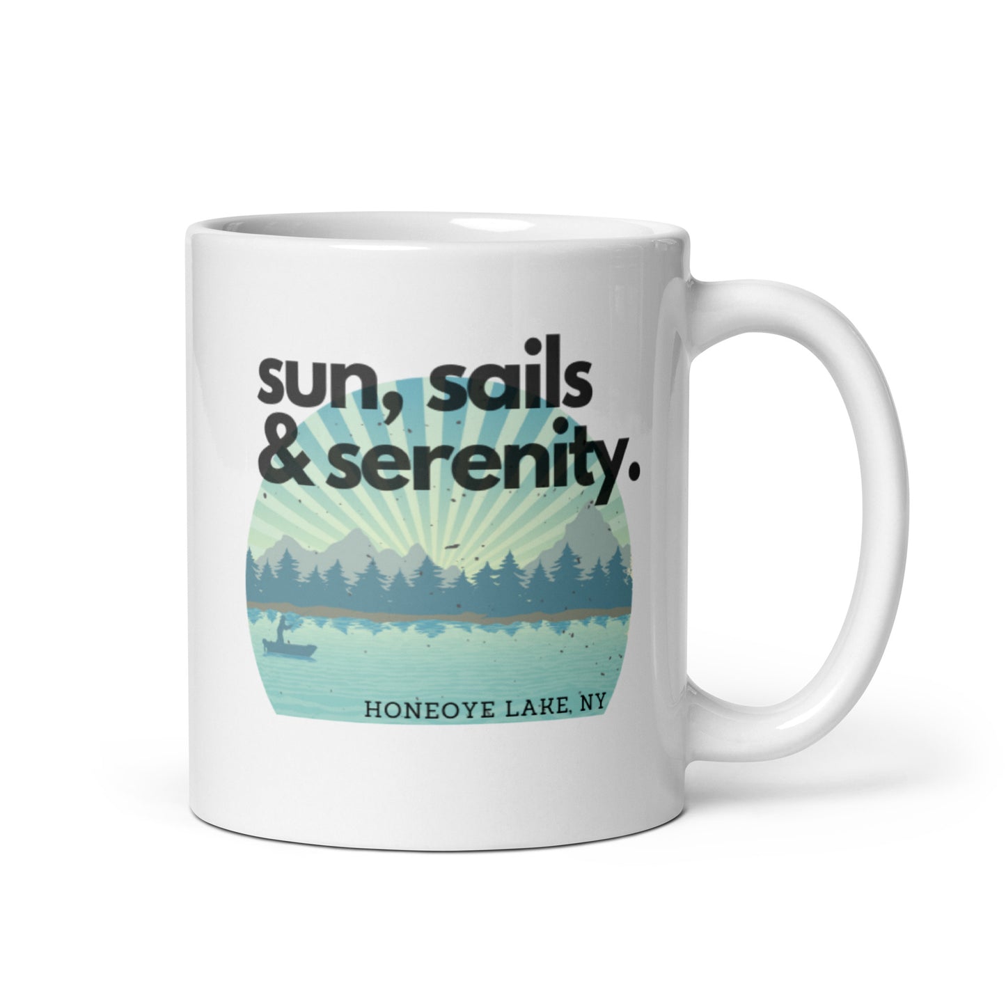 White glossy mug - Honeoye Lake Sun, Sails, Serenity