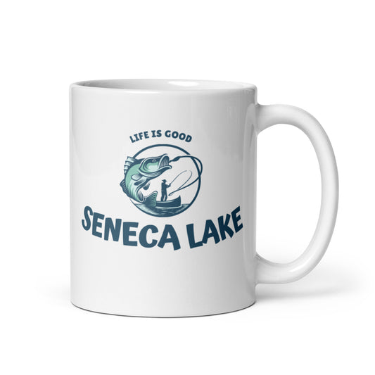 White glossy mug - Seneca Lake Life is Good fisherman