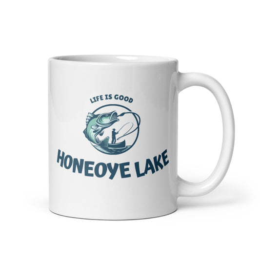 White glossy mug - Honeoye Lake Life is Good fisherman