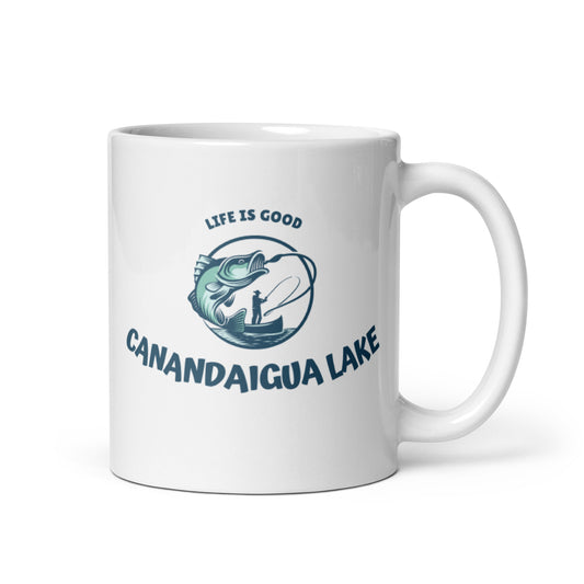 White glossy mug - Canandaigua Lake Life is Good fisherman