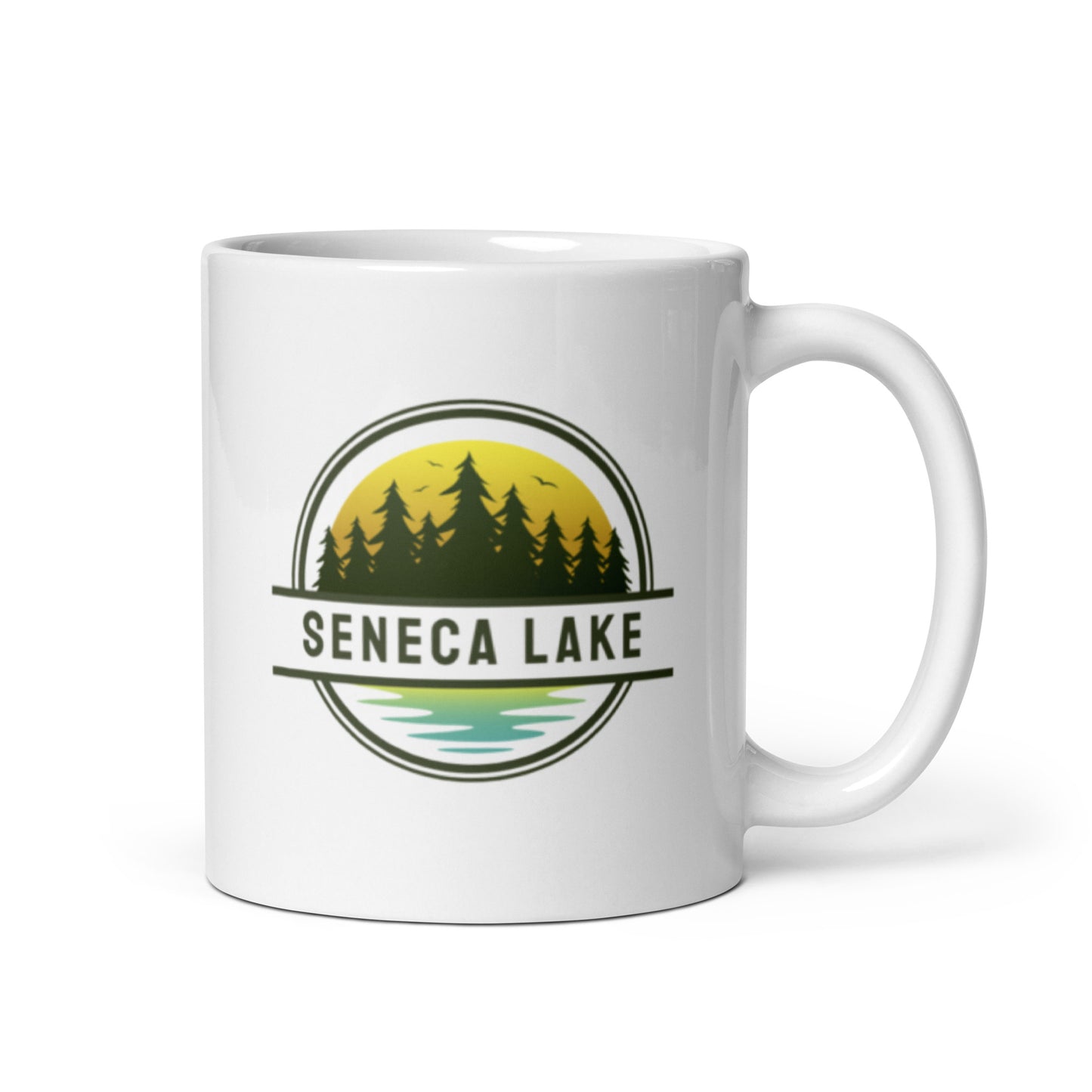 White glossy mug - Seneca Lake yellow & blue